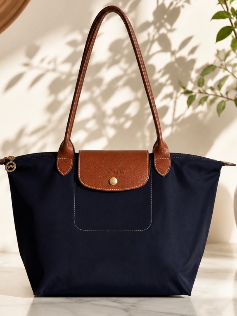 Longchamp Le Pliage Black Tote with Brown Leather Trim